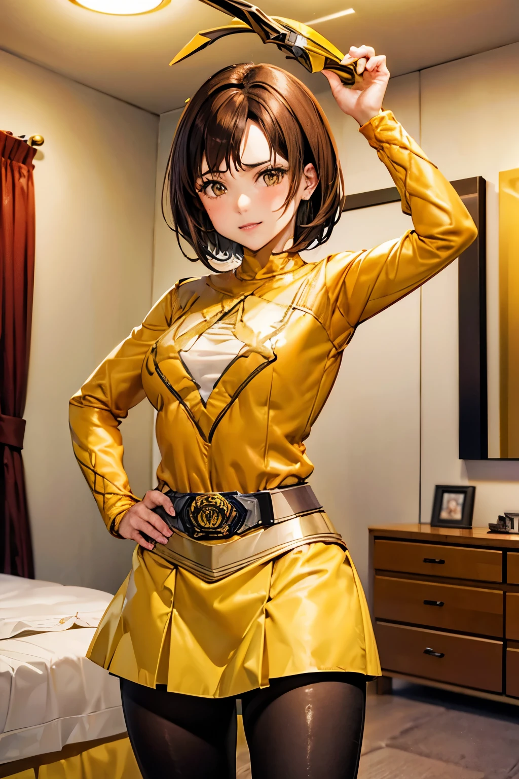 Luca Milfi、Gokaiger、Brown Hair、Short Hair、((pantyhose))、Photo from below、Medium chest、Bedroom、((Yellow Ranger))、One girl、((Bodysuitini skirt