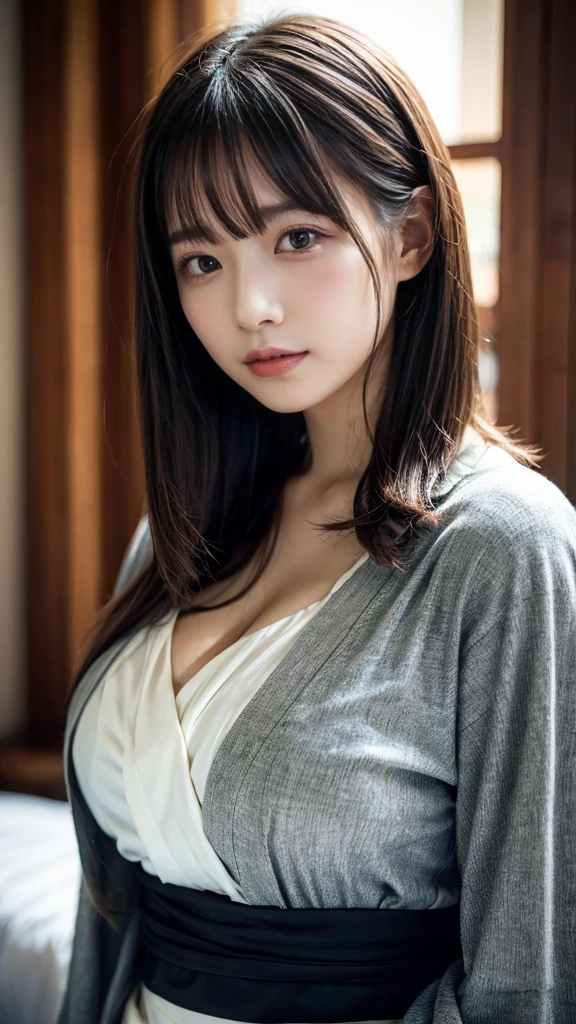 masterpiece, Best Quality, 8K, 20 yo, huge breasts, cuddly, Solo, sad, Cute, Girly, Delicate girl, Neat and clean beauty, Raw photo, Professional Photography, Portrait, Soft light, Professional Lighting, Back lighting, Upper body, front view, Sophisticated, Film grain, (Eyes and faces with detailed:1.0), short length floating hair, beautiful flowing hair, bangs, Kimono Wrap Shirt