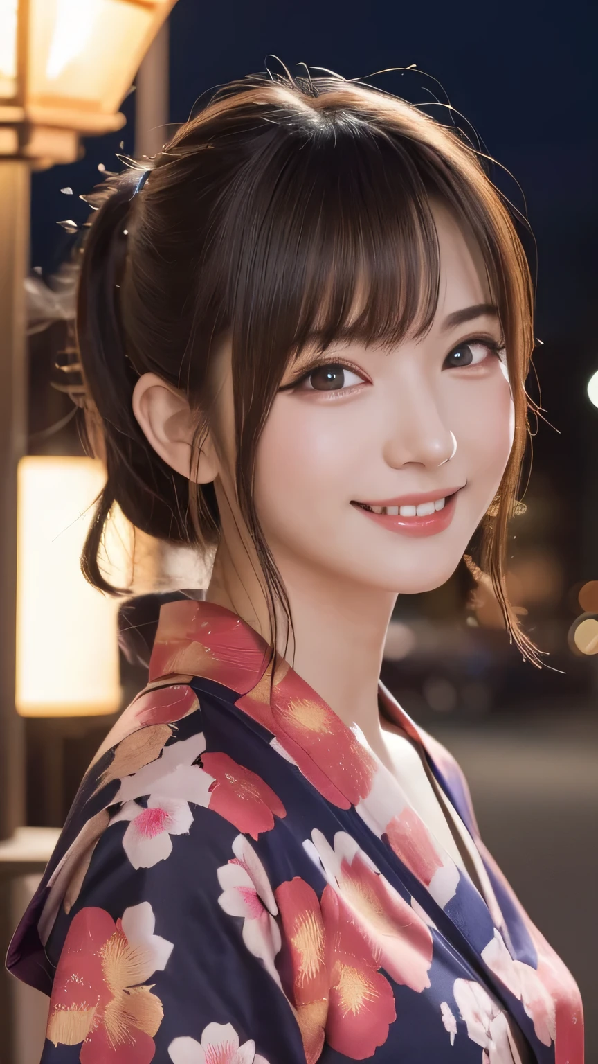 (8k、Photorealistic、Raw photo、highest quality: 1.4)、(highest quality、Ultra-realistic shooting),Girl in Yukata with flower pattern,Blowing in the wind,Summer festival,night,Opening a store,Spirit Stream,Large fireworks,Ponytail Break 8K, (RAW Photos: 1.2), (realism: 1.4), (Tabletop: 1.3), (Exquisite detail: 1.2), Delicate and beautiful details, (Eye details), (Facial details), (highest quality) :1.4), (Super Resolution: 1.2), Cinematic light, (Highly detailed illustration), (eyelash, highest quality, Super Resolution, Depth of written boundary, Wide Light, Natural Shadows , huge shy smile , random cute pose , big eyes