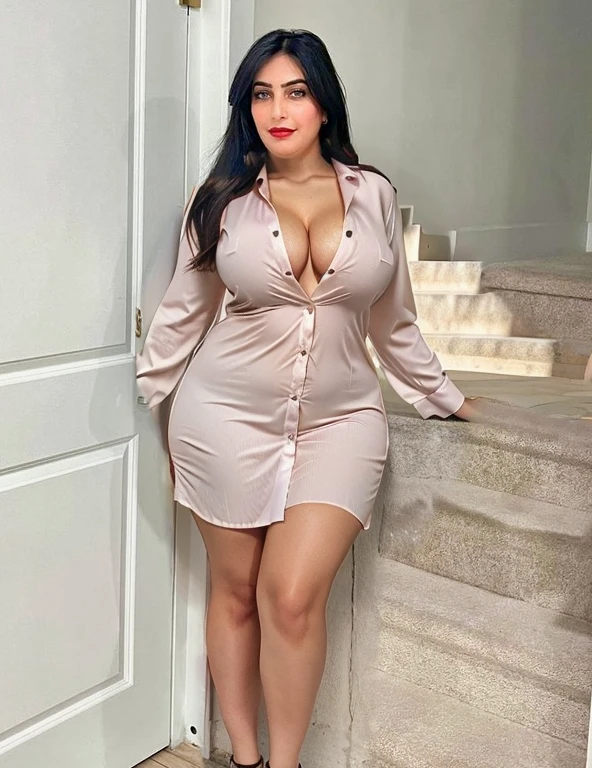 Long Button up blouse, low cut, curvy body, cleavage, 1:1 scale