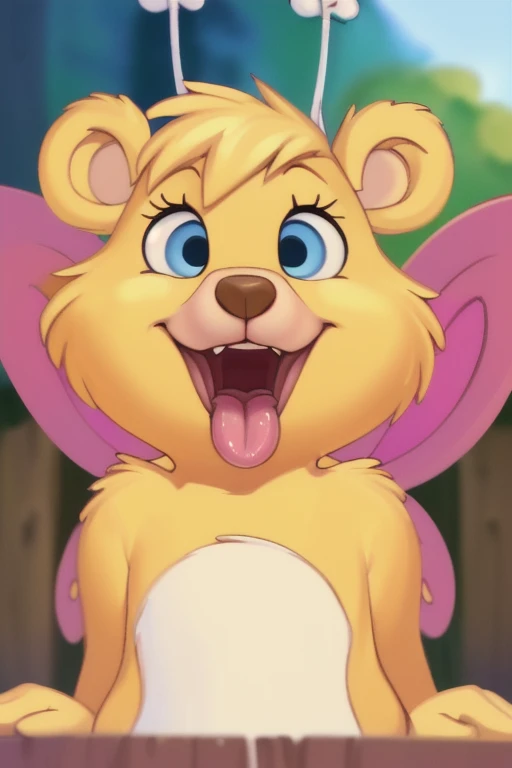 butterbear, bear, antennae_(anatomy), insect_wings, short stack, blue eyes, facing the viewer, extremely wide open mouth, tongue hanging out, saliva dripping from tongue, extremely close up of inside the mouth , showing uvula , point of view, looking into throat, close up of throat, (detailed background, depth of field), (intricate:1.1), (high detail:1.2), (soft focus), (masterpiece, best quality, 8k, 4k, shaded, absurd res), by Chunie, by CyanCapsule, by Hallogreen, by carrot