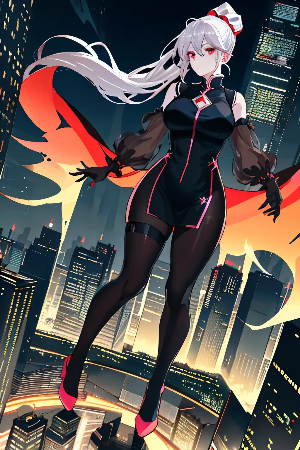 Anime (Masterpiece, Top Quality, Ultra-Detailed, High Contrast), 1 Woman (Alone, Full Body, Plus Size Body, Standing on the Edge of the Skyscraper, Silver Hair, LONG in a Ponytail, Red Eyes, Perfect Eyes with Ruby Sparkles), adorned in a Simple Black Qipao, accented with Black Cybernetics featuring Neon Pink Elements, and Transparent Black Socks. (Skyscraper Roof, Overlooking a City, Detailed Background (Night Time, Darkness, Low Light Pollution)) The scene exudes an aura of solitude amidst the bustling metropol