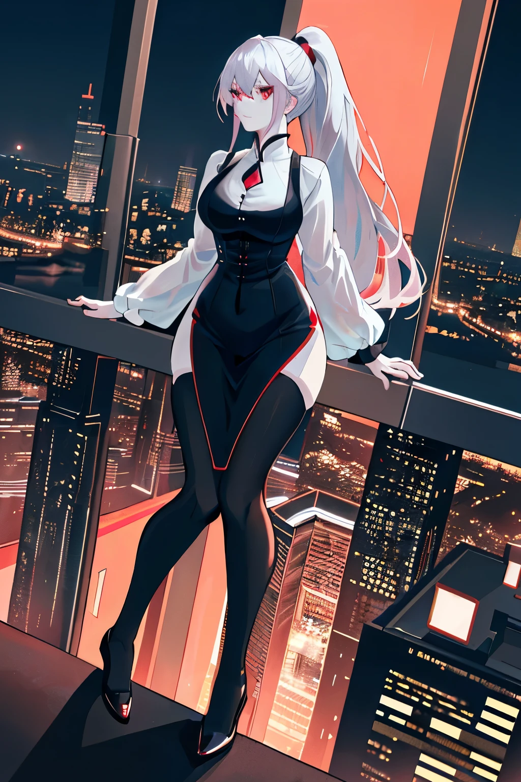 Anime (Masterpiece, Top Quality, Ultra-Detailed, High Contrast), 1 Woman (Alone, Full Body, Plus Size Body, Standing on the Edge of the Skyscraper, Silver Hair, LONG in a Ponytail, Red Eyes, Perfect Eyes with Ruby Sparkles), adorned in a Simple Black Qipao, accented with Black Cybernetics featuring Neon Pink Elements, and Transparent Black Socks. (Skyscraper Roof, Overlooking a City, Detailed Background (Night Time, Darkness, Low Light Pollution)) The scene exudes an aura of solitude amidst the bustling metropol