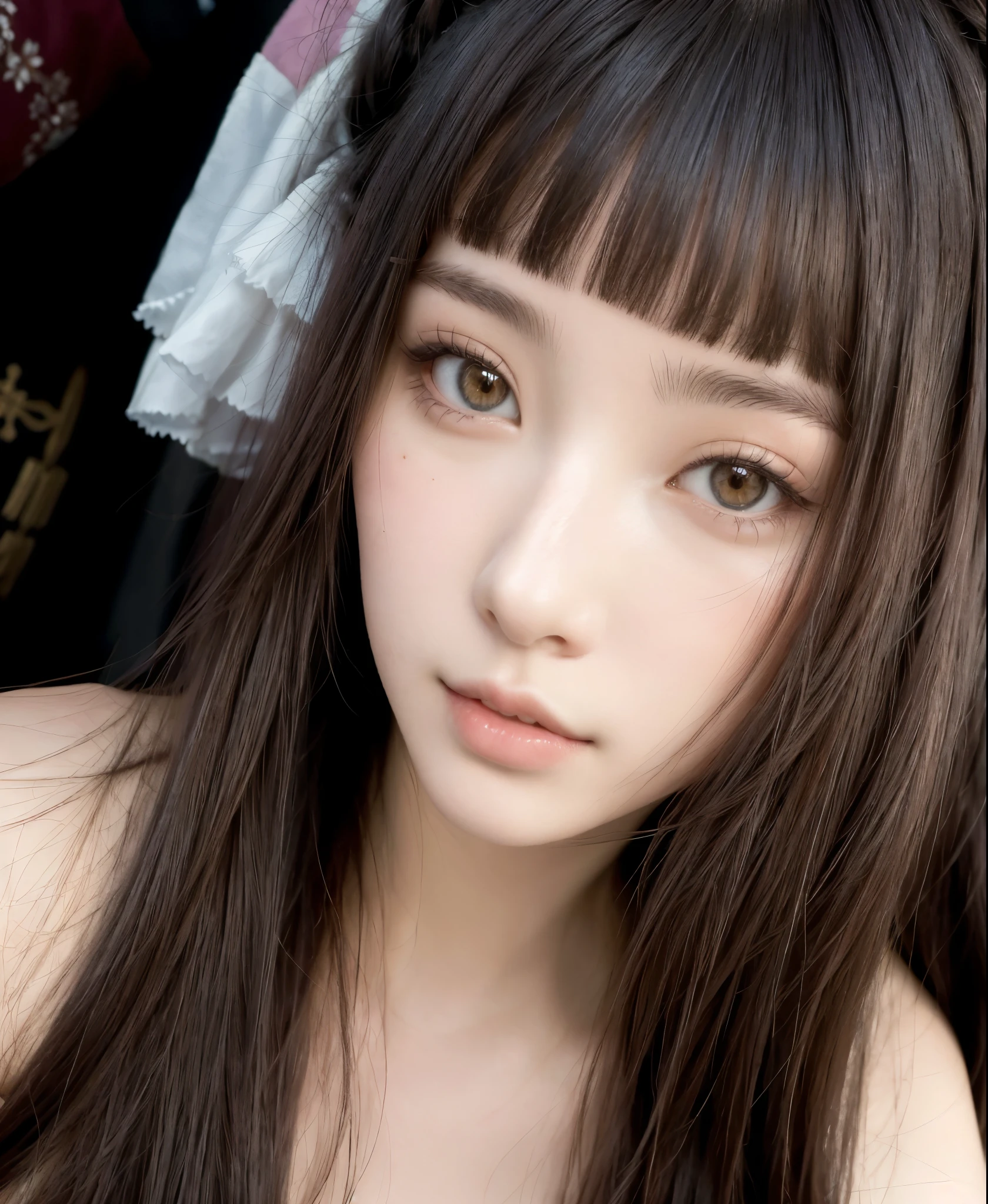 un primer plano de una mujer con cabello largo y un collar, el corte de hime, pelo cortado hime negro, hermosa cara de chicas japonesas, retrato realista kawaii, linda cara de anime natural, cara linda y clara, Yoshitomo Nara, chica linda-cara-fina, dilraba dilmurat, flequillo recto, bella delfina