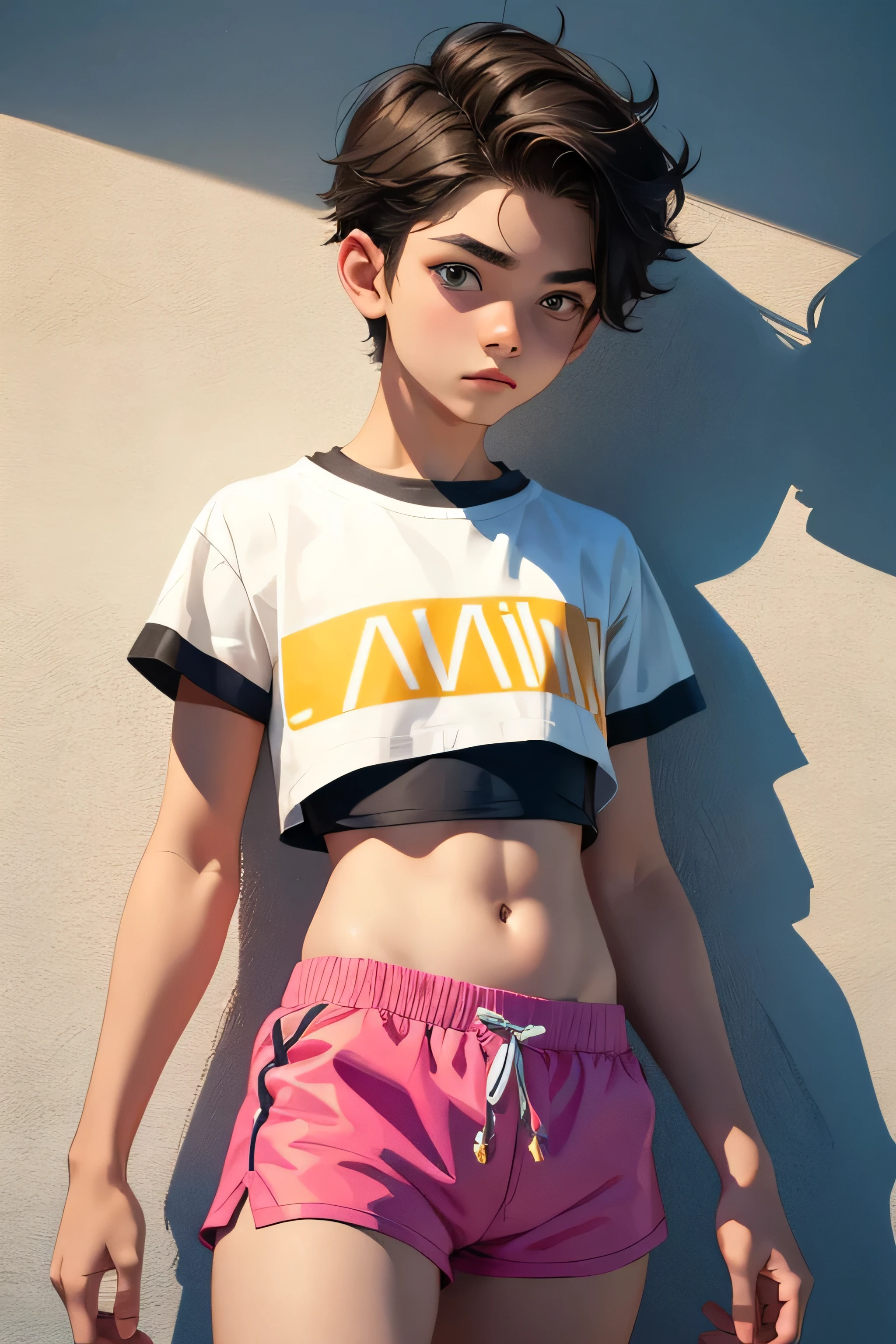 Pretty boy 14 yy wears a crop top and too very short shorts,