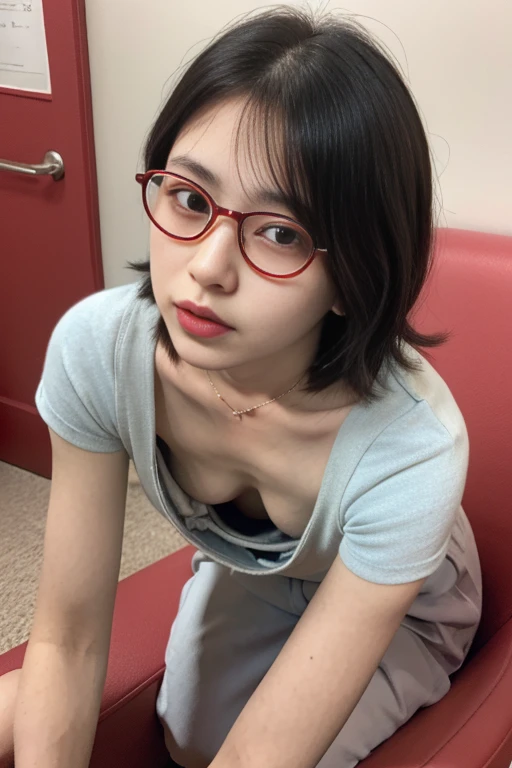 12 years、Down blouse , munechira,(((Small breasts))),Flat Chest ,avert your eyes, Bend your body , From above , close, necklace , Detailed Bra Overlap T-Shirt, short hair,8k, highest quality, masterpiece, Ultra-high resolution, (realism: 1.4), Original photo, (Real skin texture: 1.3)、Red frame glasses、Young face、Young body、Backhug