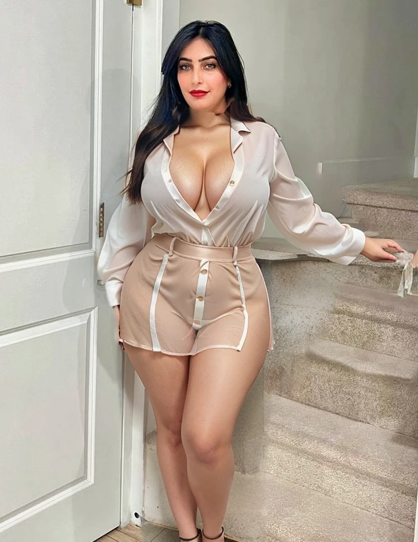 Long Button up blouse, low cut, curvy body, cleavage, 1:cale, see through