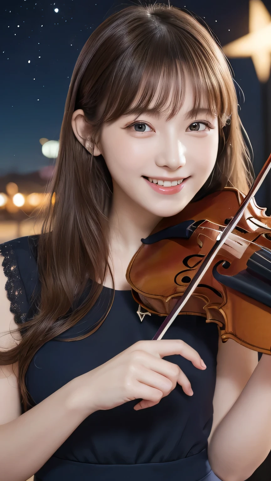 (8k,Photorealistic,Raw photo,highest quality: 1.4),(highest quality,Ultra-realistic shooting),s old brunette woman with long wavy hair, An accomplished violinist playing the violin, Beautiful starry sky, Fair skin, Hazel Eyes, Playing a beautiful violin, nice, nice scenery, shooting star, Meteors, Yellow, white, dark blue and light purple aesthetic theme, elegant, huge shy smile , random cute pose , big eyes