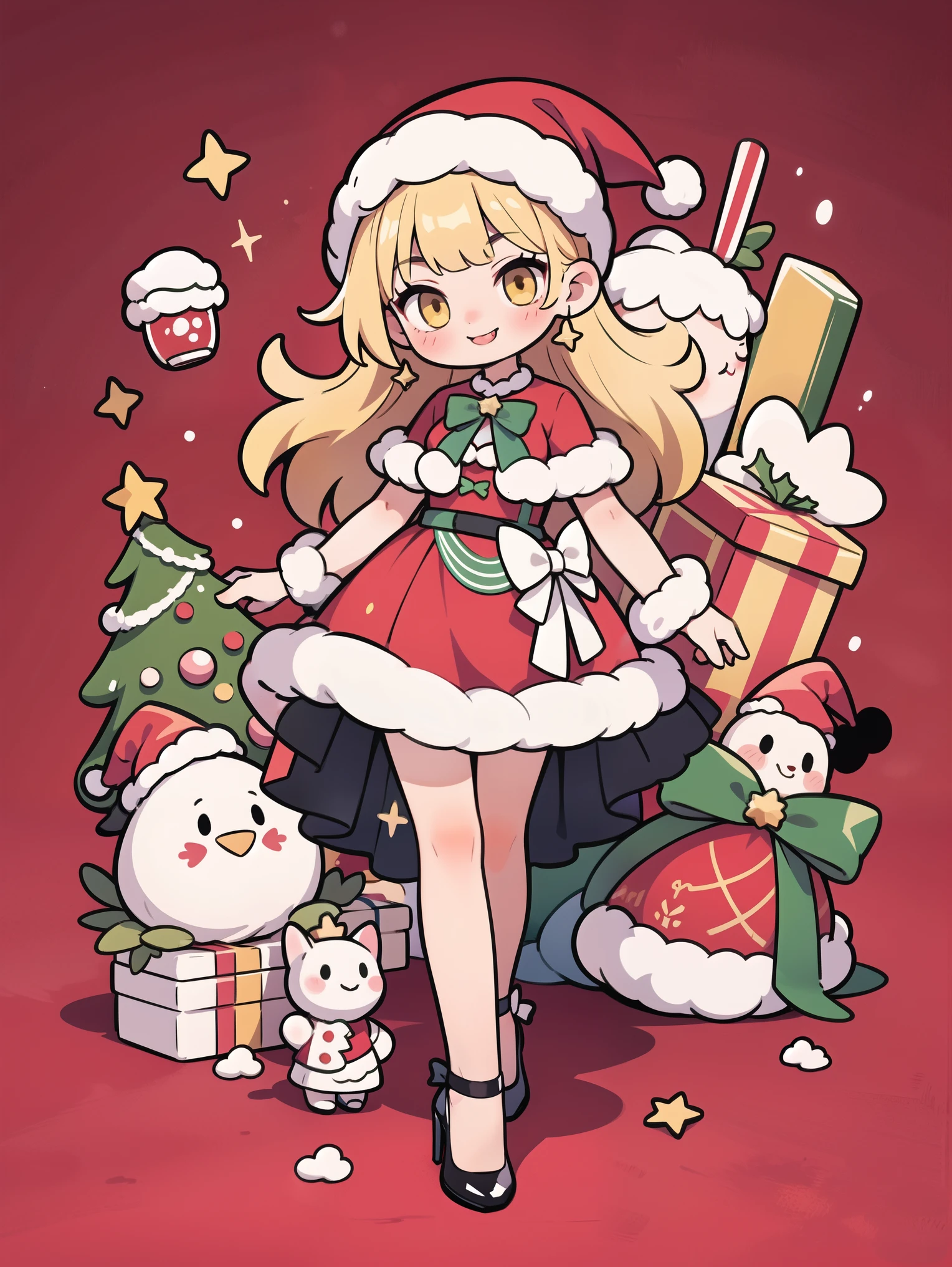 masterpiece,best quality,Christmas hat,1girl,Christmas Eve,gingerbread,high heels,yellow eyes,bow,audience,solo,Christmas gift,Christmas stocking,bangs,smile,skirt,: p,shut up,medium chest,hair decorations