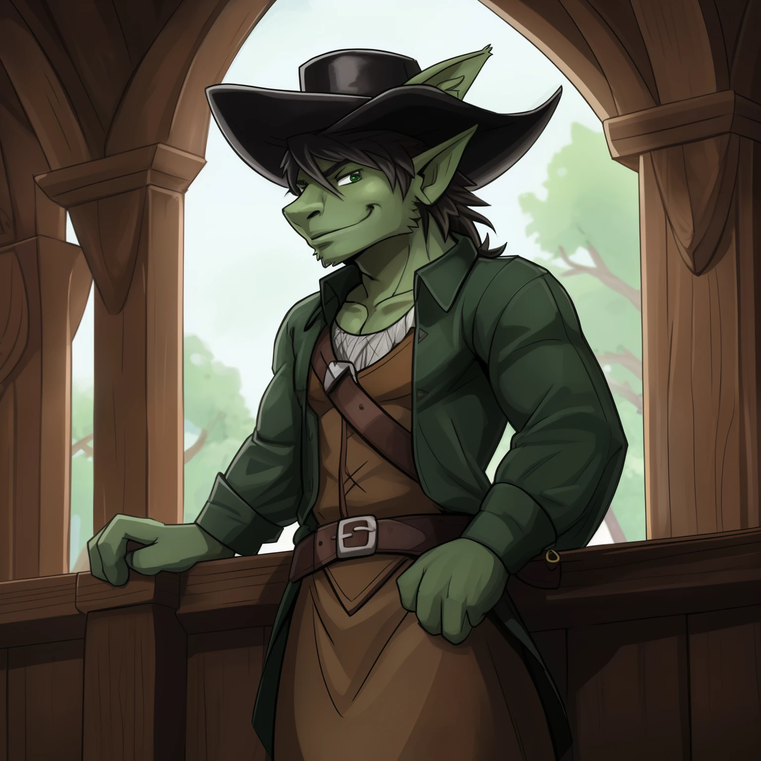 A masterful depiction, crafted by the talented hand of Xenogoblyn, showcases a Dark Green-skinned goblin from the realm of Dungeons and Dragons. This menacing character flaunts a chilling smile, accentuated by a monstrously large nose and extraordinarily long and massive pointy ears. Atop his head is a humorous leather cowboy hat, lending a touch of eccentricity to his intimidating appearance. In his hands, he holds a stringed lute, poised and ready for an unforgettable epic performance in the bustling tavern. This goblin exhibits an open shirt made from dark leather, intricately