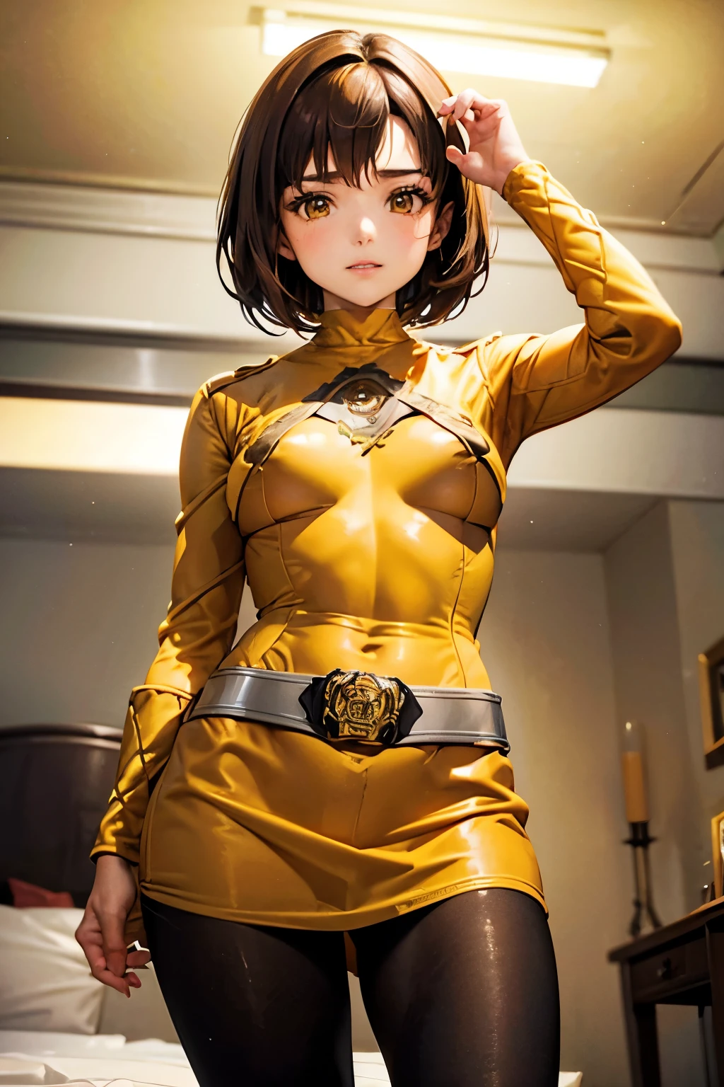 Luca Milfi、Gokaiger、Brown Hair、Short Hair、((pantyhose))、Photo from below、Medium chest、Bedroom、((Yellow Ranger))、One girl、((Bodysuits))、Pencil Skirt