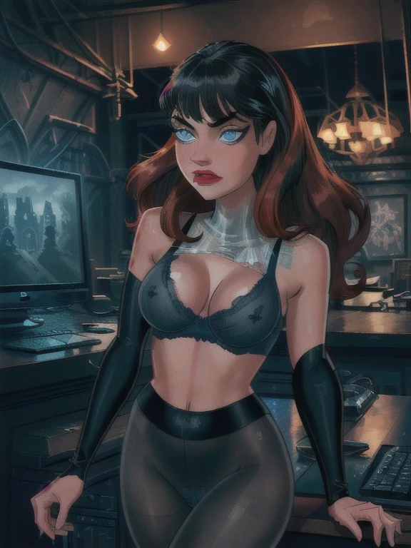 (a girl working with computers in batcave,( red long curly hair),beautiful icy blue eyes,beautiful detailed lips,beautiful face,long eyelashes, best quality,highres,ultra-detailed,realistic,dark castle vibes,Professional photographer shot, (black fit tank), (grey sponge bra ) , ( black pantyhose)
