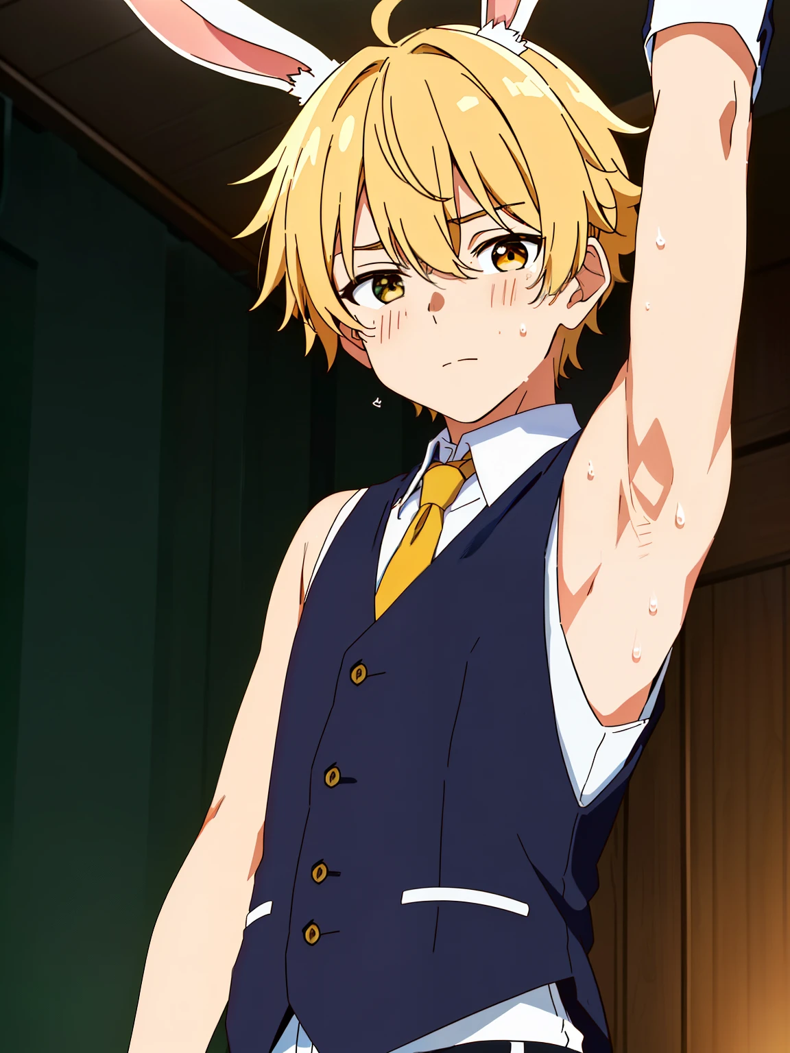 Highres, Masterpiece, Best quality at best,Best Quality,hight quality, hight detailed, 1boy, Boy, Bunny boy, Bunny ear, Messy hair, Side bangs, Shota, Sweat, Sleeveless vest, Tie, Glove, Depth of field, Anime screencap style, thin line, Seen from the front, Little sweat, forest church, Cute boy, (Showing armpit:1.3), (very small and short stature), (very young boy), 12-year-old boys, Blurry and simple beckground, bokeh, Uhd