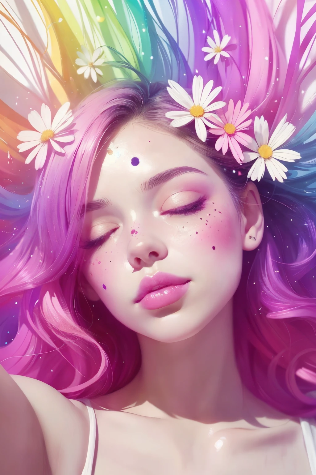 (This is a beautiful rainbow fantasy image that feels interesting and emphasizes glitter and iridescence.) Generate a ((blind)) curvy woman with colorful curly hair and milky white eyes. Her face is important and is perfectly formed with puffy lips and perfect features. (Her eyes are critically important and are (blank) and (solid white)). The image exudes ethereal beauty and soft fantasy. Include sweet and detailed birds and soft, luminous flowers in all the colors of the rainbow. The image's background is decorated in shades of pink, shimmer, glitter, and fantasy details like colored bubbles and cosmos. Utilize dynamic composition to create a compelling and action-packed image. Dramatic lighting and cinematic lighting enhance the woman's beauty and the soft colors in the artwork. (((((Perspective: head on.))))) Include fantasy, cute, colorful, colourful, interesting magic background, ((((blank eyes)))), ((((empty white eyes)))), (shirome eyes:1.3), (smirking), (perfectly rendered solid whiteeyes), ((birthmark on lip)), ((pretty lips)), beautiful background, complex background, sweet background, (((rainbow)))