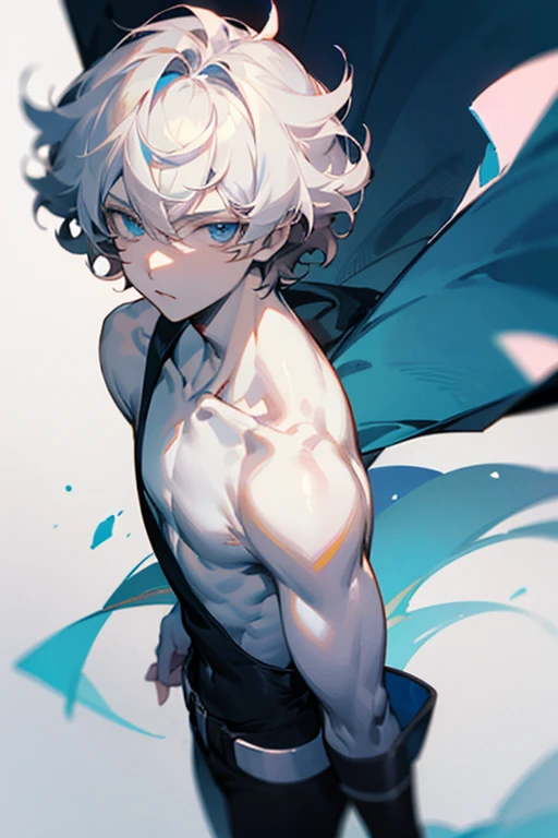Pale skin anime guy with shoulder length dark curly hair and pale blue eyes