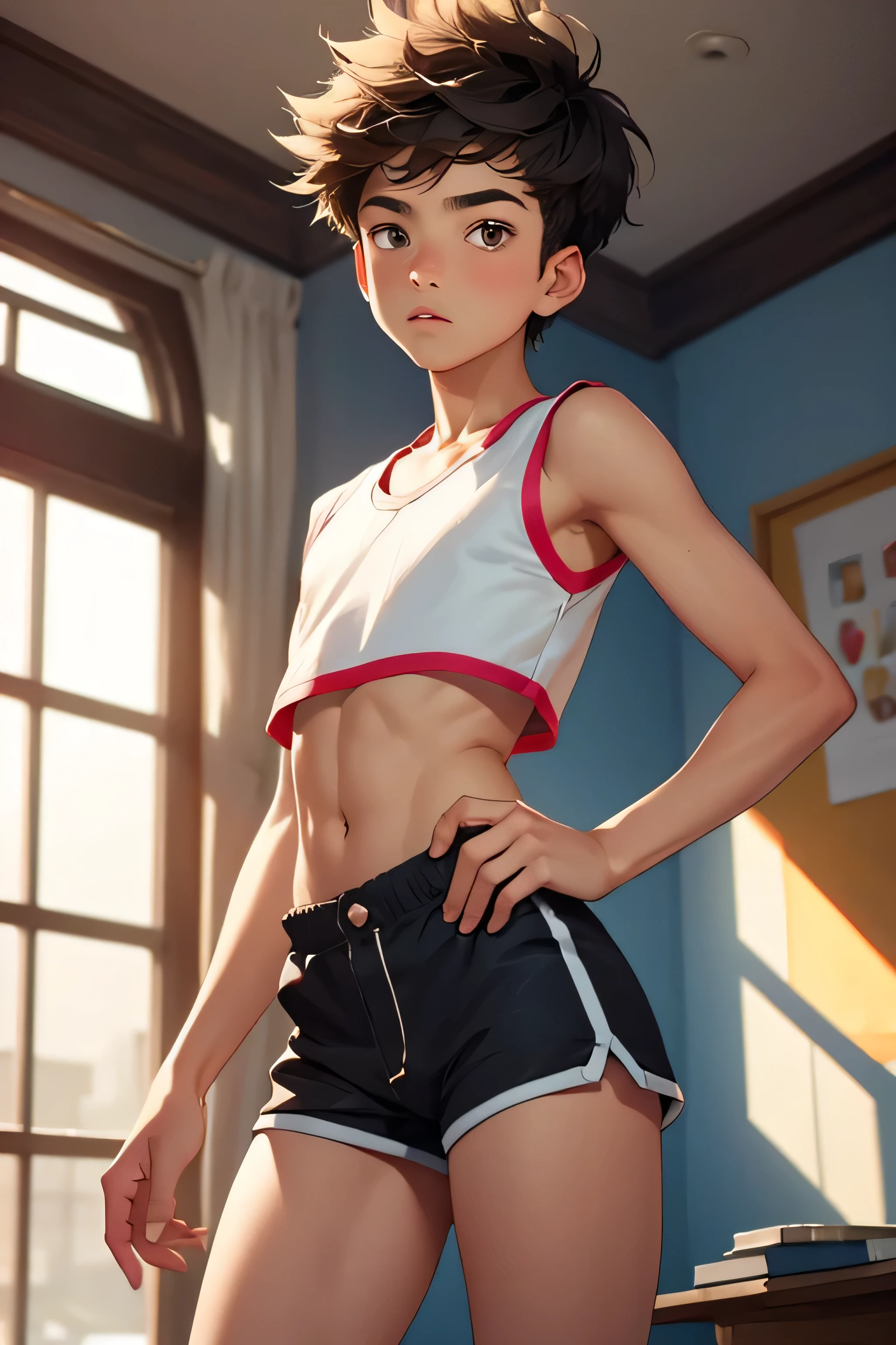 boy 14 yy wears a crop top and too very short shorts,