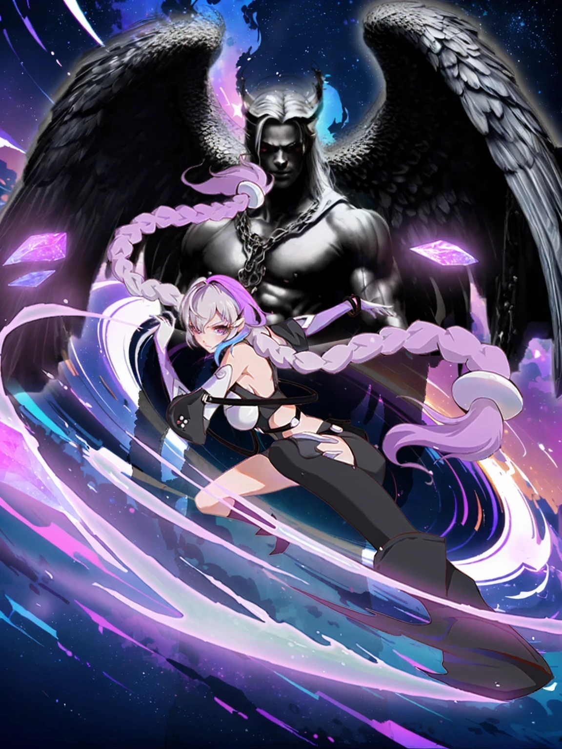 Cartoon character with wings flying over woman in black dress, Cool Anime 8K, Devil anime girl, Anime epic artwork, best anime 4k konachan wallpaper, angel knight girl, 2. 5d cgi anime fantasy artwork, Angels Observe Demons, Anime Key Art, Eros and Thanatos, Dark Angel, epic anime style, Ghost Slayer Art Style