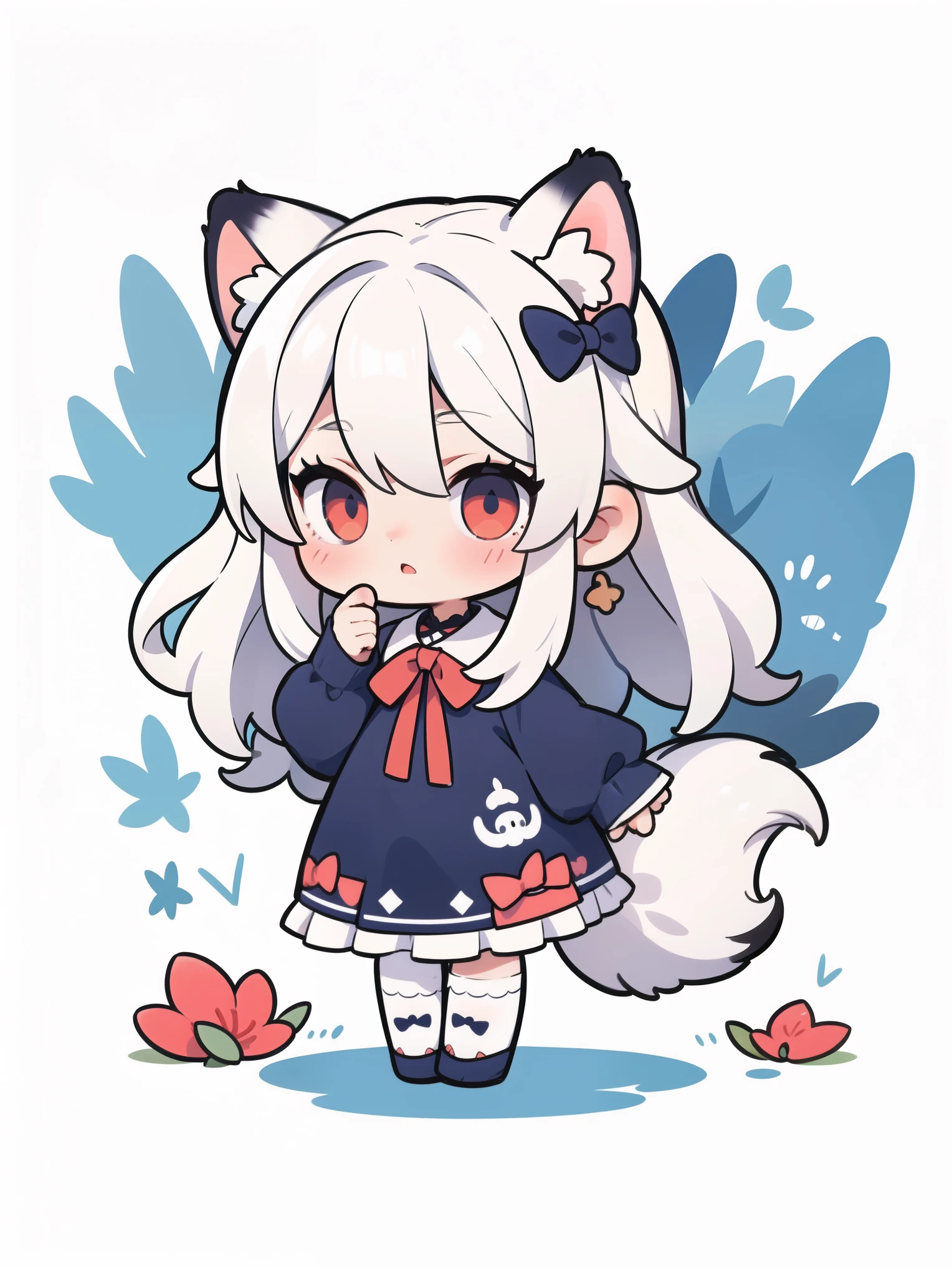 1girl, blue bow, animal ears, red eyes, long hair, very long hair, long sleeves, solo, bow, hair between eyes, tail, fox tail, bangs, dress, white legwear, white hair1girl, blue bow, animal ears, red eyes, long hair, very long hair, long sleeves, solo, bow, hair between eyes, tail, fox tail, bangs, dress, white legwear, white hair