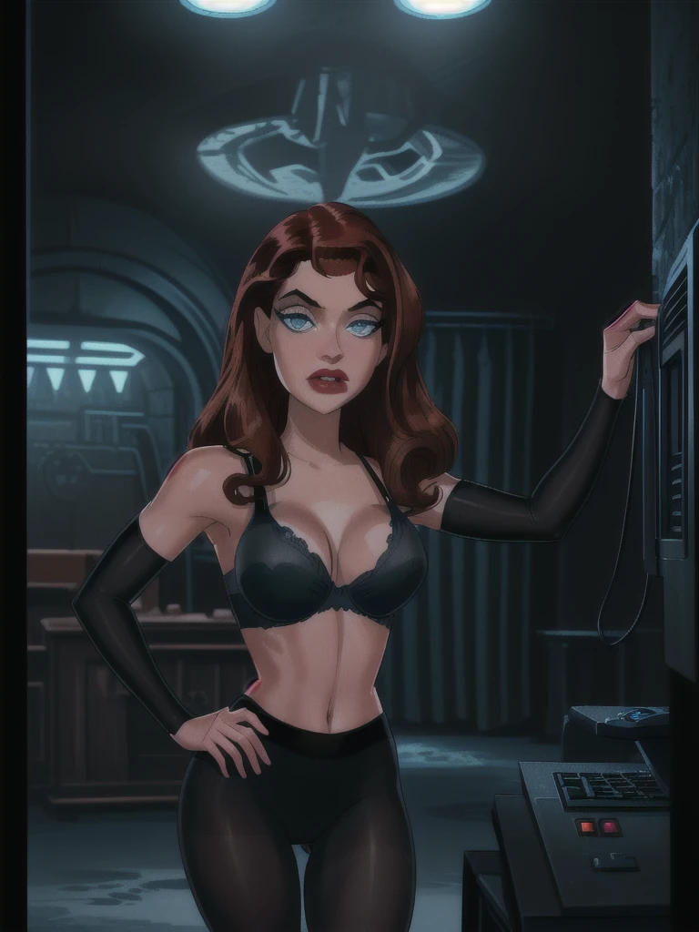 (a girl working with computers in batcave,( red long curly hair),beautiful icy blue eyes,beautiful detailed lips,beautiful face,long eyelashes, best quality,highres,ultra-detailed,realistic,dark castle vibes,Professional photographer shot, (black fit tank), (grey  sponge bra ) , (  black pantyhose)