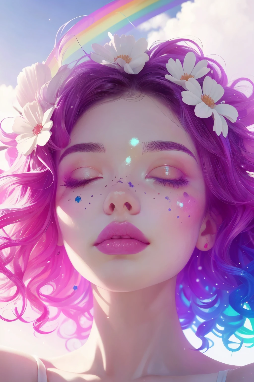 (This is a beautiful rainbow fantasy image that feels interesting and emphasizes glitter and iridescence.) Generate a ((blind)) curvy woman with colorful curly hair and milky white eyes. Her face is important and is perfectly formed with puffy lips and perfect features. (Her eyes are critically important and are (blank) and (solid white)). The image exudes ethereal beauty and soft fantasy. Include sweet and detailed birds and soft, luminous flowers in all the colors of the rainbow. The image's background is decorated in shades of pink, shimmer, glitter, and fantasy details like colored bubbles and cosmos. Utilize dynamic composition to create a compelling and action-packed image. Dramatic lighting and cinematic lighting enhance the woman's beauty and the soft colors in the artwork. (((((Perspective: head on.))))) Include fantasy, cute, colorful, colourful, interesting magic background, ((((blank eyes)))), ((((empty white eyes)))), (shirome eyes:1.3), (smirking), (perfectly rendered solid whiteeyes), ((birthmark on lip)), ((pretty lips)), beautiful background, complex background, sweet background, (((rainbow)))