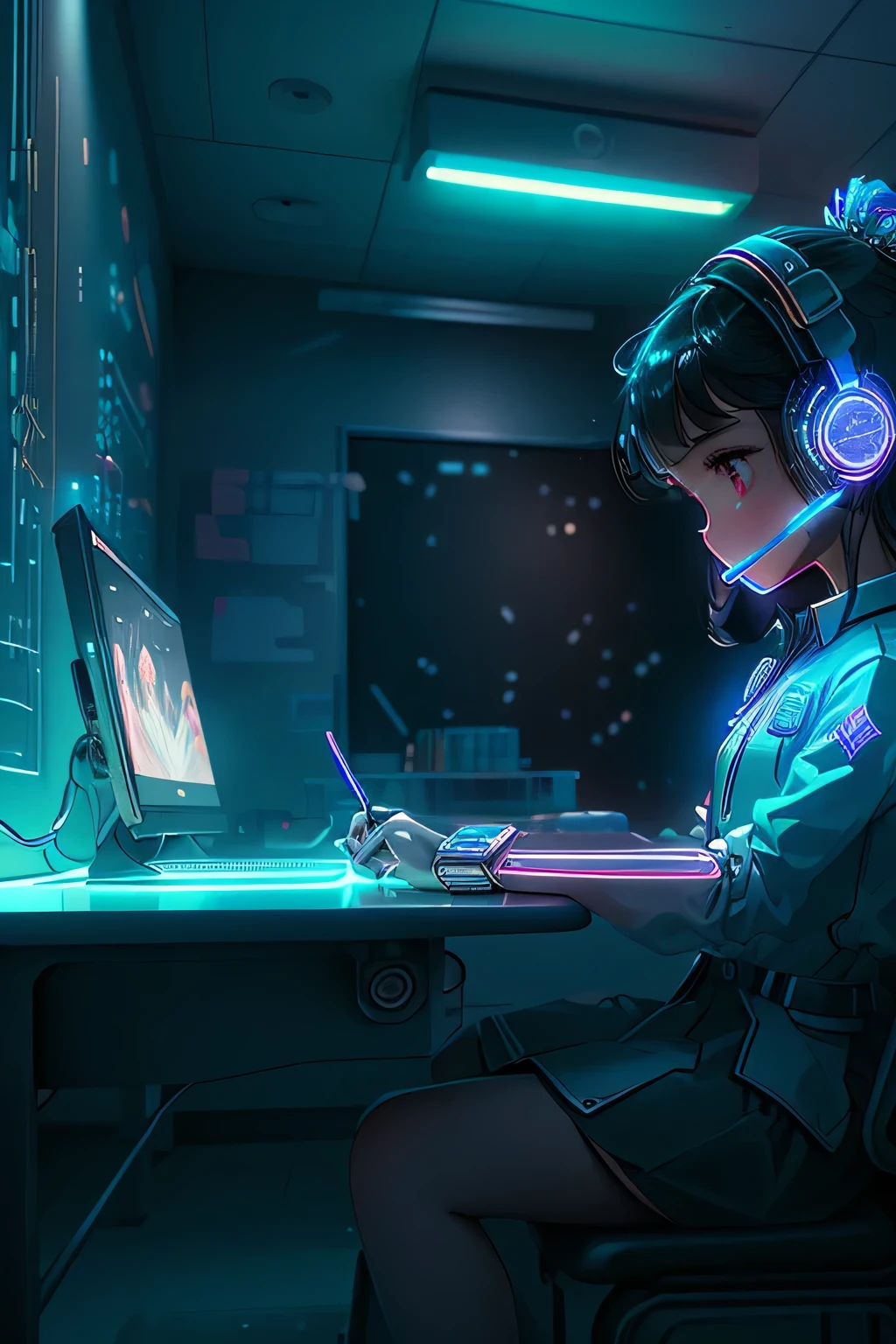 Unreal Engine 4K Rendering: A High-Tech Kindergarten of Tomorrow
In this futuristic scene, a classroom is bathed in the soft glow of neon ambient lighting. The state-of-the-art laboratory is filled with cutting-edge technology, designed to help young minds explore and learn.
The main focus is on a future student, seated at a desk illuminated by a holographic display. The classroom is surrounded by floor-to-ceiling windows, offering panoramic views of the cityscape.
The student wears a high-tech uniform, complete with a smartwatch and headset. Their curious eyes sparkle