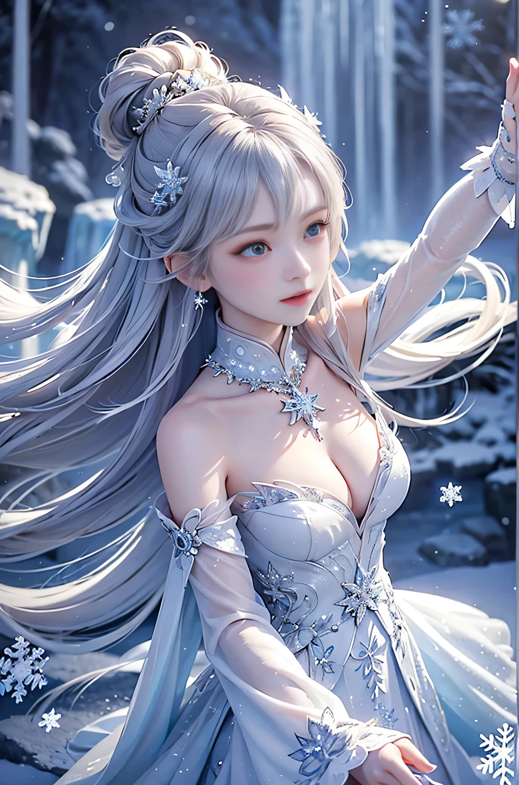 wood, Exquisite mini ice spikes and crystals, Frozen waterfall in the background, Light reflected by ice crystals, Flowing snowflakes.Beautiful woman、Gray Hair、pretty girl,2.5D illustration,Beautiful cleavage、Graceful dancing woman