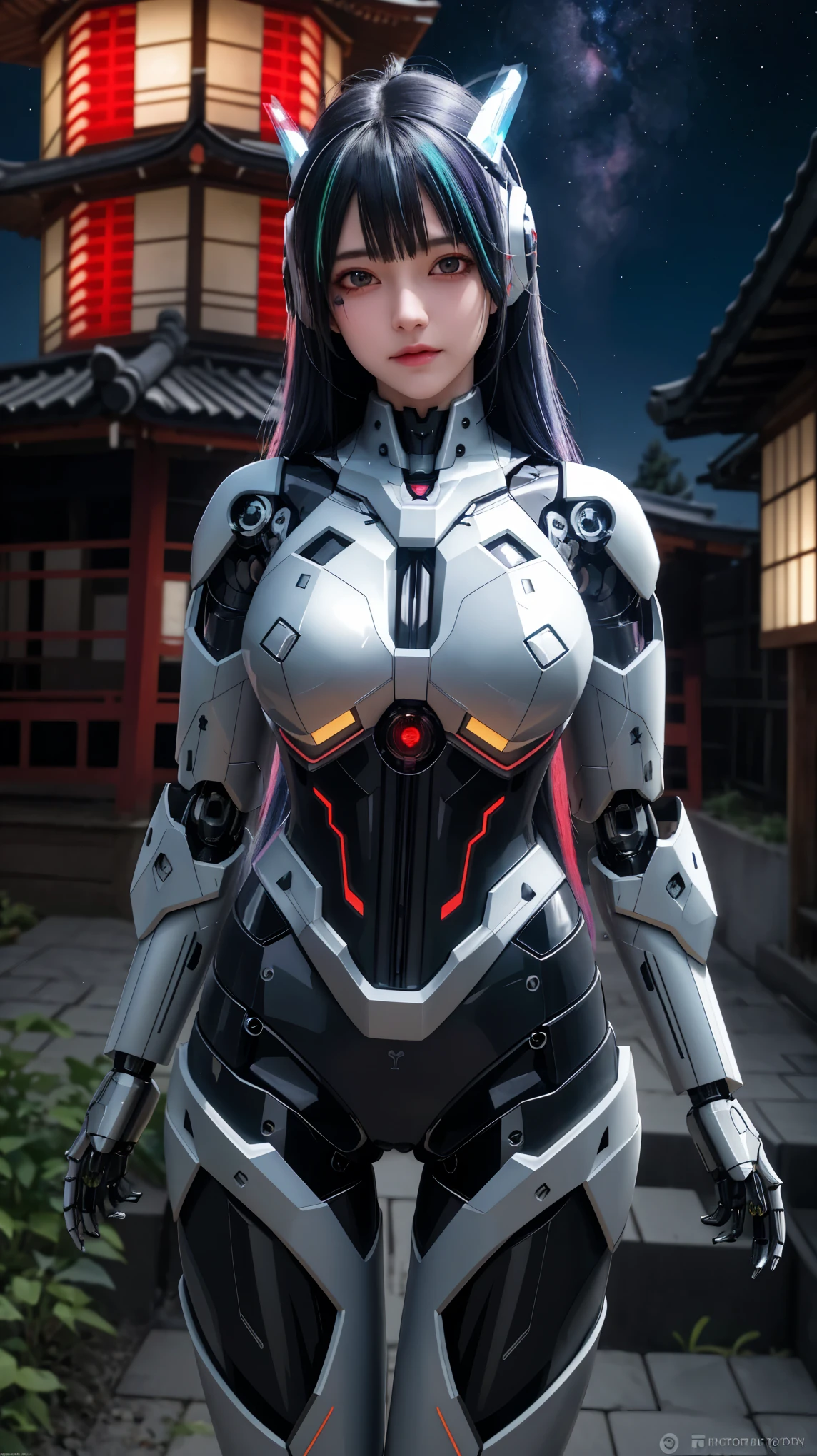 cowboy shot, caustics,reflection,ray tracing,demontheme,nebula,dark aura,cyber effect, (1girl:1.4),solo,alone,mecha musume,mechanical parts, robot joints,single mechanical arm, headgear, mechanical halo,star halo,intricate mechanical bodysuit, mecha corset, kimono, full armor, very long hair,white hair, hair between eyes, multicolored hair, colored inner hair, red eyes,glowing eye,eye trail, random expressions,random action, ancient japanese architecture,pond, starry sky,skyline,