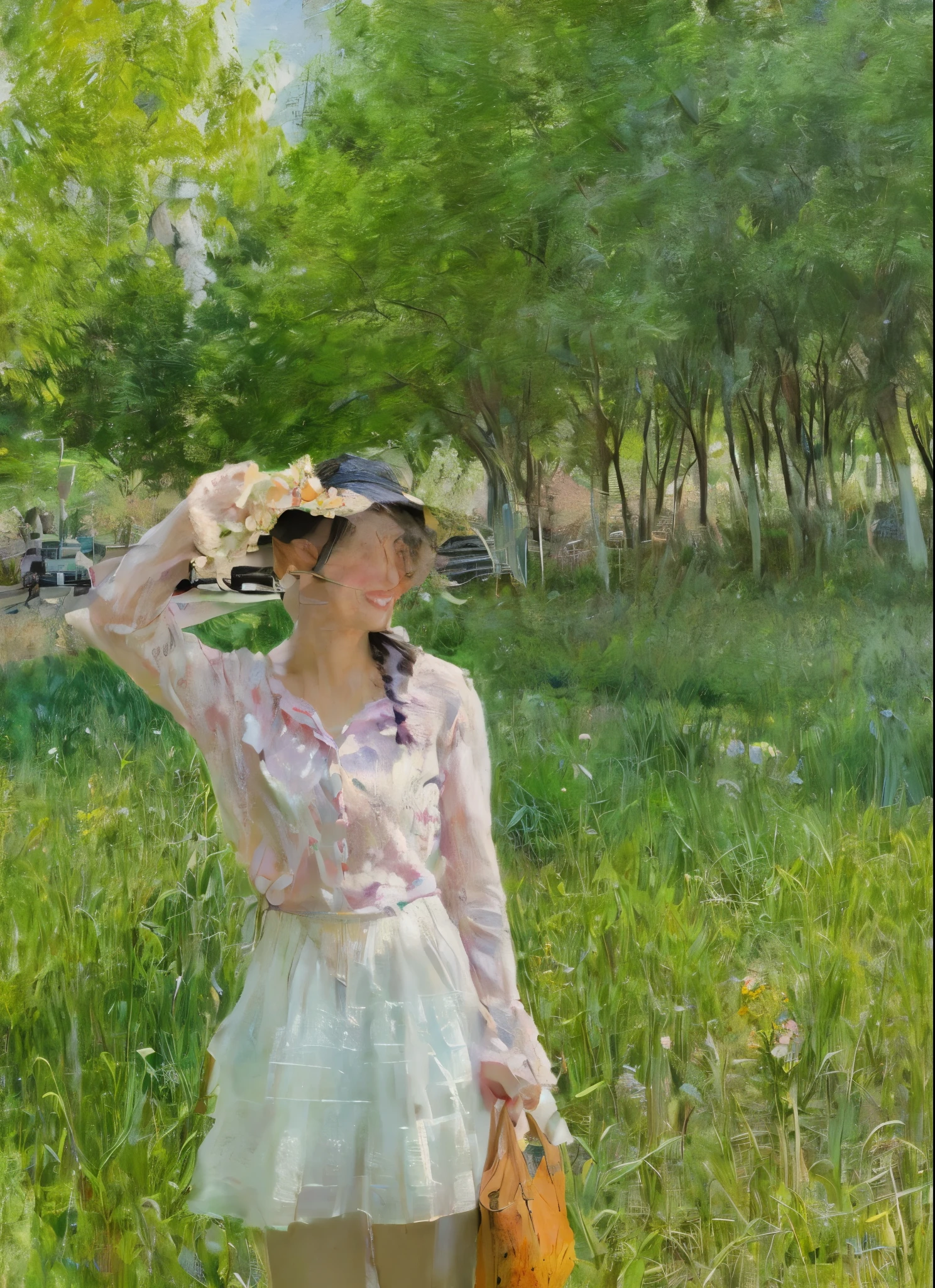 The background grass was replaced with a sunflower field，A ray of sunshine shines on her。The face is clearly drawn。There is a woman standing in a field of sunflowers,A masterpiece on canvas in the style of Claude Monet, Claude Monet,A middle-aged woman with black hair, Smile, Extremely beautiful, Detailed landscape, Surrealism, 象征主义和Surrealism元素, Exquisite design, Yoko, Floral scent, landscape, Pastel colors, blue details, pink details, Woman looking at the audience, Directly on the camera.