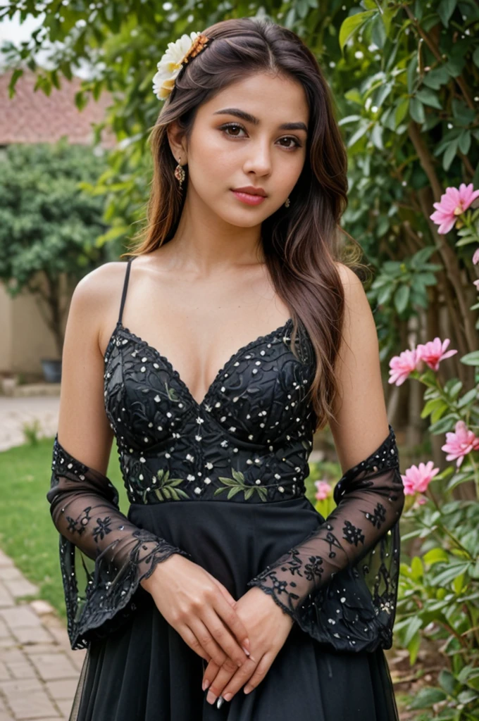 a close up of a woman in a black dress posing for a picture, black gown, intricate gown, intricate outfit, intricate detailed dress, intricate dress, high delicate details, outstanding detail, intricate details. front on, stunningly detailed, sexy gown, intricate detailing, with intricate details, full covered dress, intricate and detailed lace set, full of details, gown