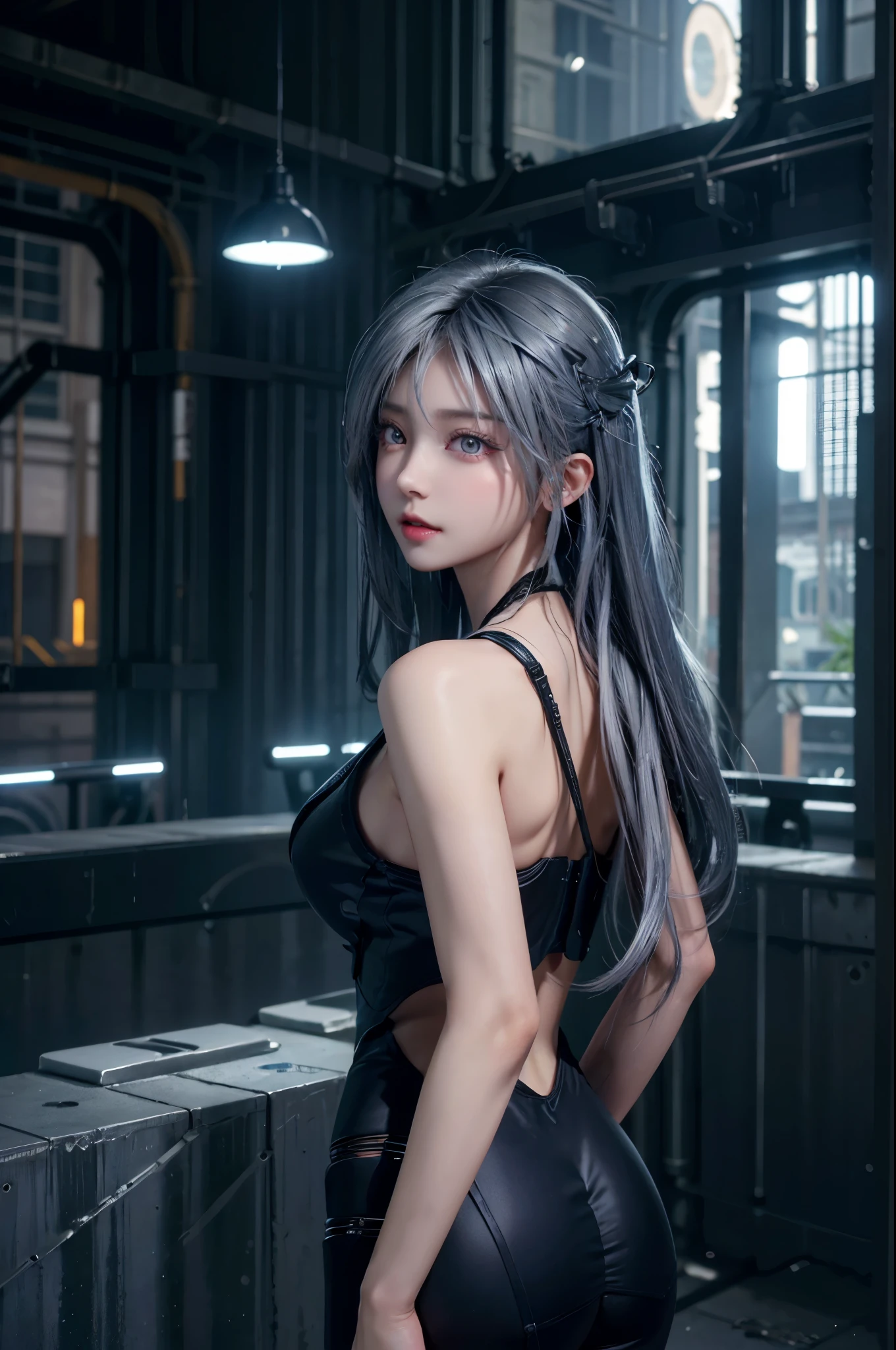 girl, full body, beautiful face, silver color hair, high detailed real eye, high quality pupil, double eyelid, beautiful ????, huge ????, cyber punk suit, high detailed real skin, high quality skin, Abandoned Factories, night moon, professional lighting, real shadow, masterpiece,