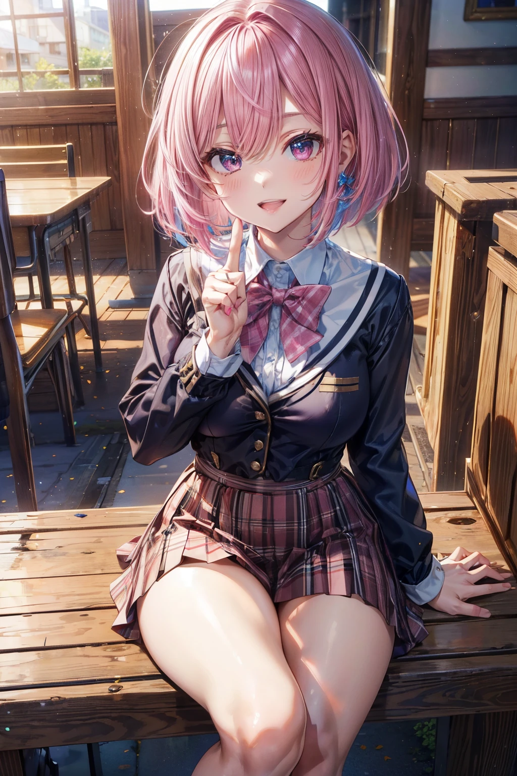 ((school uniform)), ((4 defined fingers)), ((1 defined thumb)), (looking at viewer), break, sexy, ((solo)), (1 woman), ((25 years old)), ((highest quality)), ((masterpiece)), (familiar), skindentation, perfect face, 8k , (cowboy shot), break, short hair, (((pink hair1.5))), bob cut, black eye, beautiful princess, smile, thin thighs, medium breasts, perfect limbs, ((metallic costume)), (visible nipples:0.9), (camel toe:0.4), sexy, (((sit))),