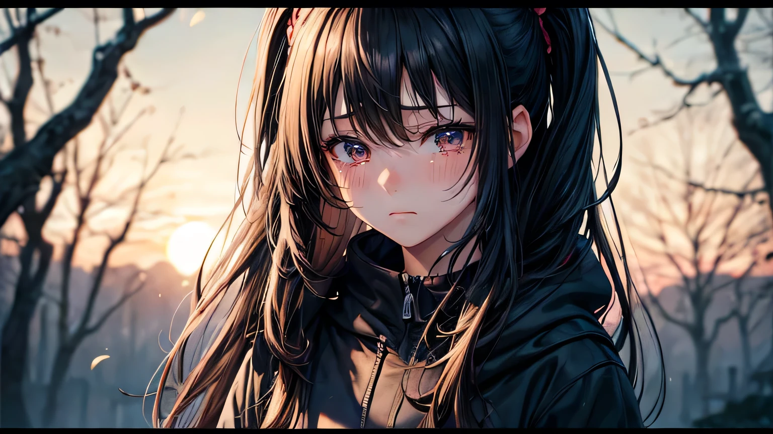 (oil, masterpiece, highest quality, Super detailed, Focus on the characters), woman,Black hoodie,Sad expression,Crying face,Watery eye,Long black hair,Spring Tree Leakage Sun,Detailed hair depiction,Detailed depiction down to the tips of the hair,([return:0.8]|[ face facing returnwards:1.1]), ,([Mizuki Scenario:1.2]|[ ground:1.3]| [High Contrast:1.1])  