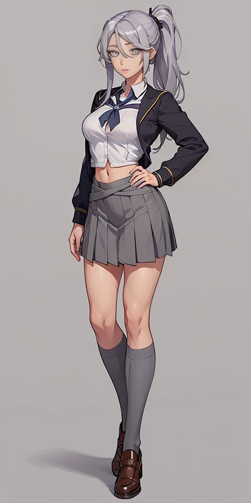 ((Masterpiece, plain background,1:2, masterpiece)) full body standing catolic SCHOOL GIRL UNIFORM, BROWN SHOES, hands on waist, navel, (Vladilena Milize) (grey eyes:1.5), grey hair, hair between eyes, long hair, hair ponytail