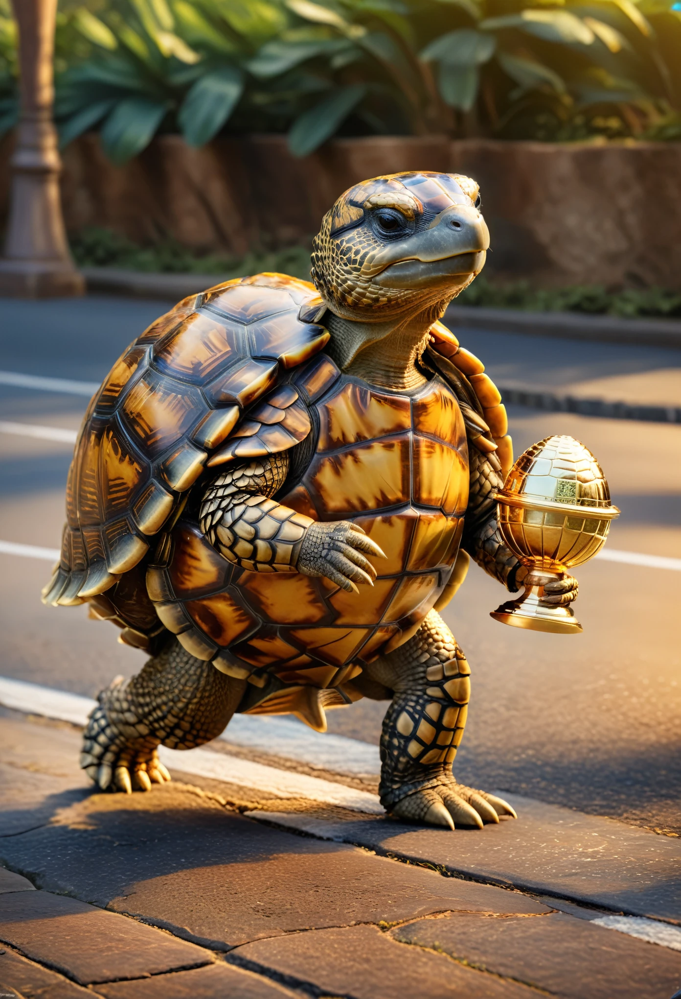 Dressed animals page, (best quality,highres),realistic,tortoise dressed as a Marathon runner, holding a BIG golden trophy, detailed tortoise shell, shiny golden trophy, vibrant colors, natural lighting 