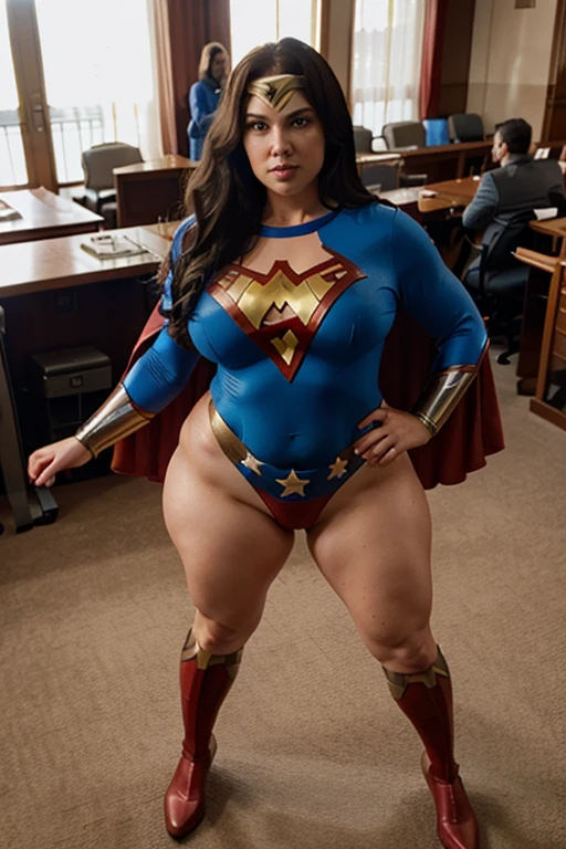 bbw wonderwoman is standing, her legs open, parlized, full body, sweat, full body, superhero position,bbw
