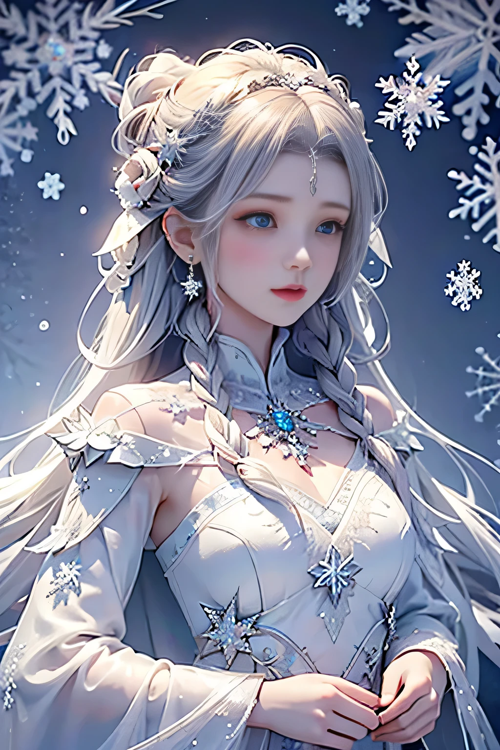 wood, Exquisite mini ice spikes and crystals, A frozen waterfall in the background, Light reflected by ice crystals, Flowing snowflakes.Beautiful woman、Gray Hair、pretty girl,2.5D illustration,