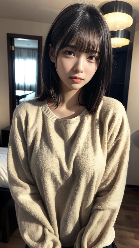 masterpiece, Best Quality, 8K, 20 yo, huge breasts, cuddly, Solo, sad, Cute, Girly, Delicate girl, Neat and clean beauty, Raw photo, Professional Photography, Portrait, Soft light, Professional Lighting, Back lighting, Upper body, front view, Sophisticated, Film grain, (Eyes and faces with detailed:1.0), short length floating hair, beautiful flowing hair, bangs, Fleece Lounge Shirt