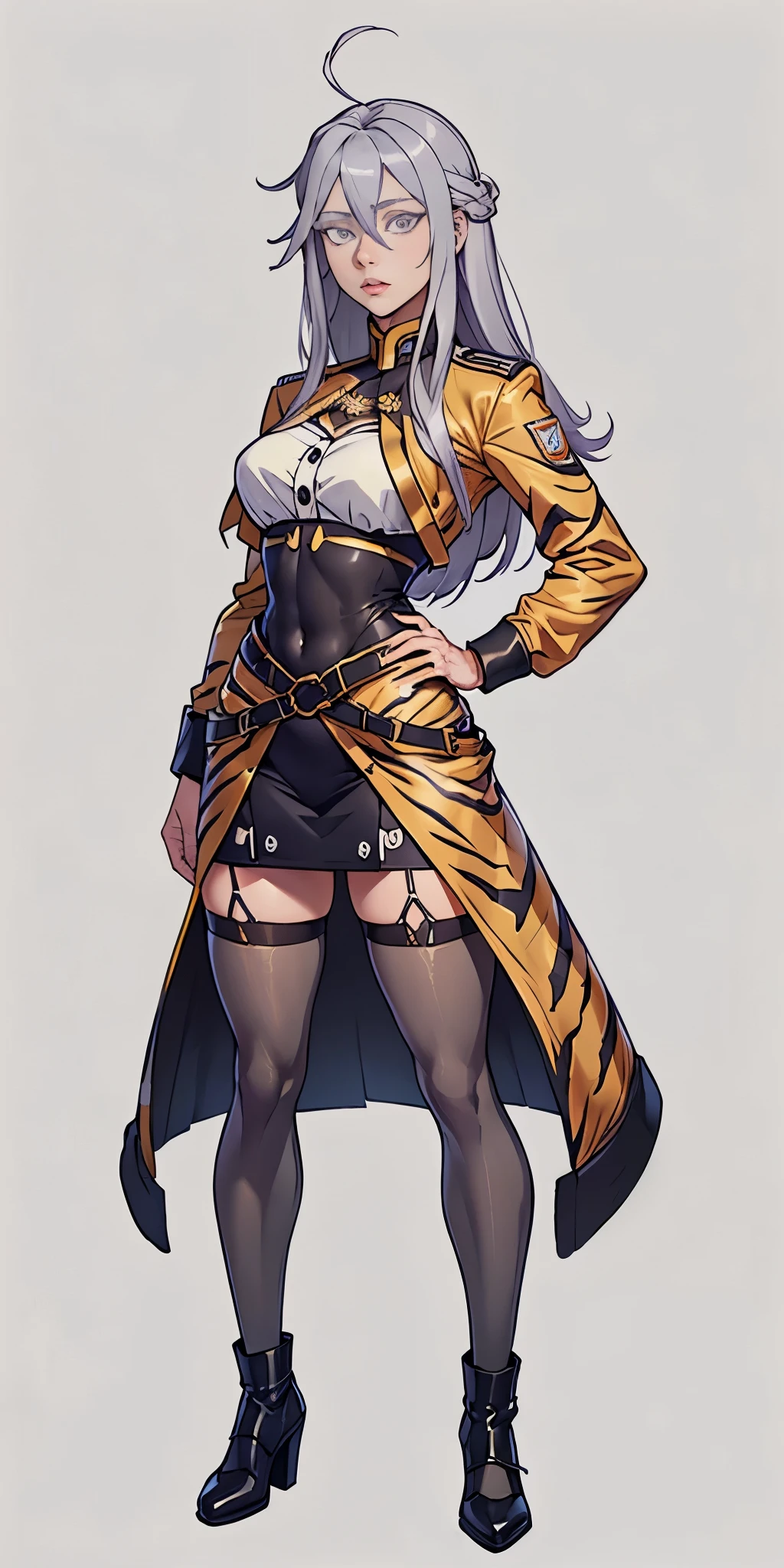 ((Masterpiece, plain background,1:2, masterpiece)) full body standing yellow tiger print stockings, hands on waist, navel, (Vladilena Milize) (grey eyes:1.5), grey hair, hair between eyes, long hair