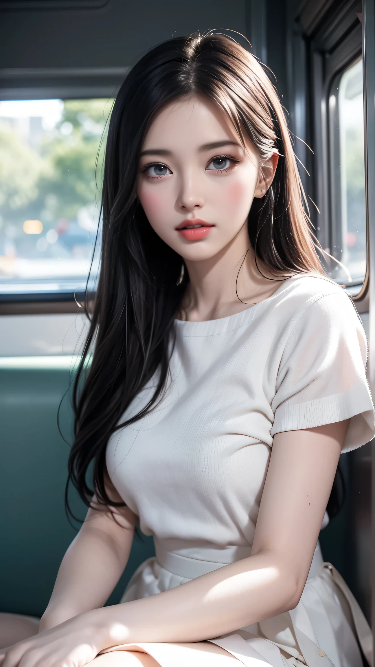 (Girl sitting on train seat)、Top quality work,Actual work,Ultra Premium Graphics,8K HD CG works,High quality graphics,High-definition CG works,10x pixels,Extremely fine detail:1.1,Advanced Technical Details:1.1 Photorealistic,Indoor lighting effects:1.5,Natural light:1.5. Light effects(virtual Light effects:1.8),長いSilver Hair,Silver Hair,Transparent Hair,Hair with attention to detail(Premium Hair Detail:1.1)Clear Eyes,Beautiful double eyelids,Sharp eye makeup, Delicate eyelash makeup, Thin eyebrows, Highly detailed eyes,High nose, Nice red lips, Rose Cheeks, A face with subtle makeup , Cute face, perfectly balanced face,(Advanced Face Detail:1.1),(girl in school uniform),Like a fairy in a painting,Slim sexy legs,A beautiful face is beautiful and delicate,Like a finely carved piece of jade、The waves in my eyes are like twinkling stars,Show the light of patience and wisdom。The bridge of the nose is straight,Cherry lip color, her face is clear,Her skin is as white as jade,Gives a healthy glow,Her makeup is light and subtle.,Not too decorative,A light-toned foundation enhances the clarity of your skin.,Eye makeup: eyeshadow and eyeliner,Make her eyes brighter and more cheerful、Add a touch of glamour and sophistication,Clothes fluttering,It's about to be blown away by the wind(White blouse)、(Red bow tie),(Checked Skirt),(White panties are visible)、Swaying with her movements。Her hair is casually tied back,Fix with hosta,A few strands of hair are swaying gently in the wind,Add a little softness、Charmed everyone'Note、Grace、mystery、full of power,(White panties are visible),(Lift-up skirt)