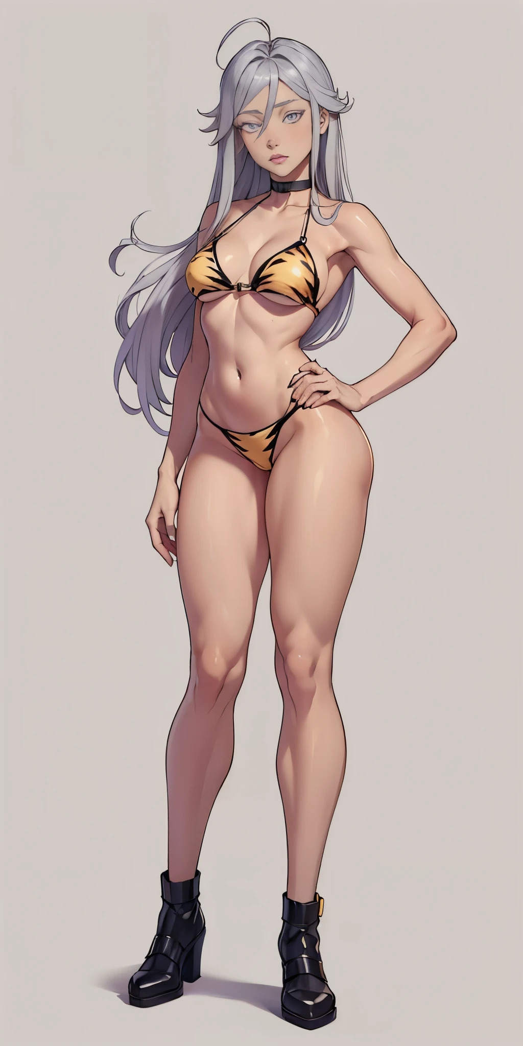 ((Masterpiece, plain background,1:2, masterpiece)) full body standing yellow tiger print BIKINI, hands on waist, navel, (Vladilena Milize) (grey eyes:1.5), grey hair, hair between eyes, long hair