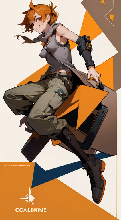 ((highest quality)), ((masterpiece)), (Familiar),,Female Clementine,overload,{{Browsing Caution}},Sleeveless hoodie,Grey Shirt,cargo pants,Captivating smile,whole body,boots,Long coat,Erect nipples
