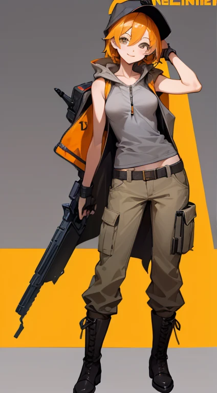 ((highest quality)), ((masterpiece)), (Familiar),,Female Clementine,overload,{{Browsing Caution}},Sleeveless hoodie,Grey Shirt,cargo pants,Captivating smile,whole body,boots,Long coat,Erect nipples