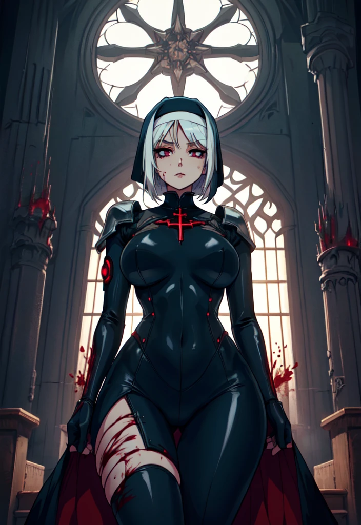 anime nun girl in a black bodysuit outfit in a gothic cathedra, nun outfit, nun, wearing shiny breastplate, cyberpunk, divine ray over her head, holy armor, holy cyborg necromancer girl, vampire nun, behind her a gothic cathedral, thicc, blood rayne, vampir hunter d, sliver hair, blood, creepy,