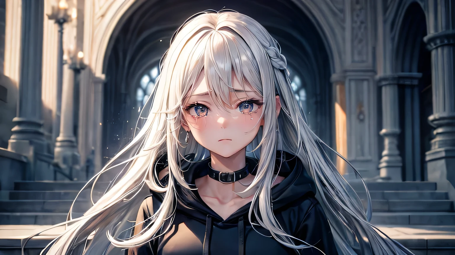 (oil, masterpiece, highest quality, Super detailed, Focus on the characters), woman,Black hoodie,Sad expression,Crying face,Watery eye,Silver long hair,Spring Tree Leakage Sun,Detailed hair depiction,Detailed depiction down to the tips of the hair,([return:0.8]|[ face facing returnwards:1.1]), ,([Mizuki Scenario:1.2]|[ ground:1.3]| [High Contrast:1.1])  