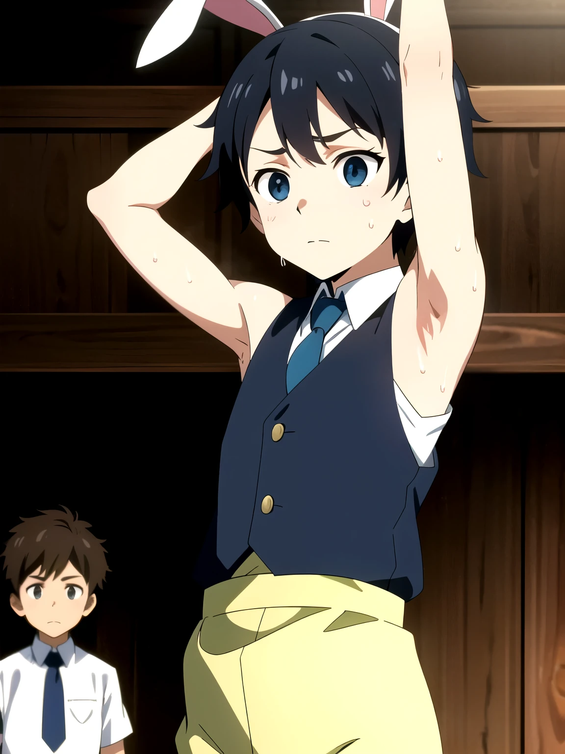 Highres, Masterpiece, Best quality at best,Best Quality,hight quality, hight detailed, 1boy, Boy, Bunny boy, Bunny ear, Messy hair, Side bangs, Shota, Sweat, Sleeveless vest, Tie, Glove, Depth of field, Anime screencap style, thin line, Seen from the front, Little sweat, forest church, Cute boy, (Showing armpit:1.3), (very small and short stature), (very young boy), s, Blurry and simple beckground, bokeh, Uhd