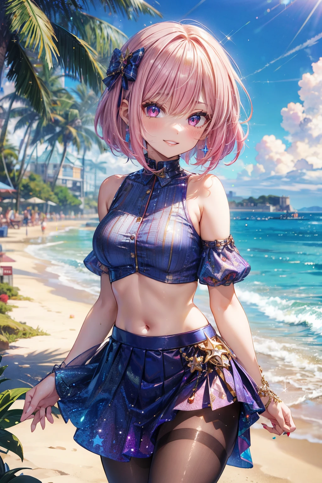 ((glitter Crop top)), ((skirt)), 4 defined fingers, 1 defined thumb, looking at viewer, solo, 1 woman, 25 years old, AI generated, highest quality, masterpiece, skindentation, perfect face, 8k , cowboy shot, short hair, (pink hair1.5), bob cut, black eye, smile, thin thighs, medium breasts, perfect limbs, sexy, (visible nipples:0.7), (camel toe:0.5), pantyhose, ((arm at side)), ((bright seaside)),, ((metallic costume))