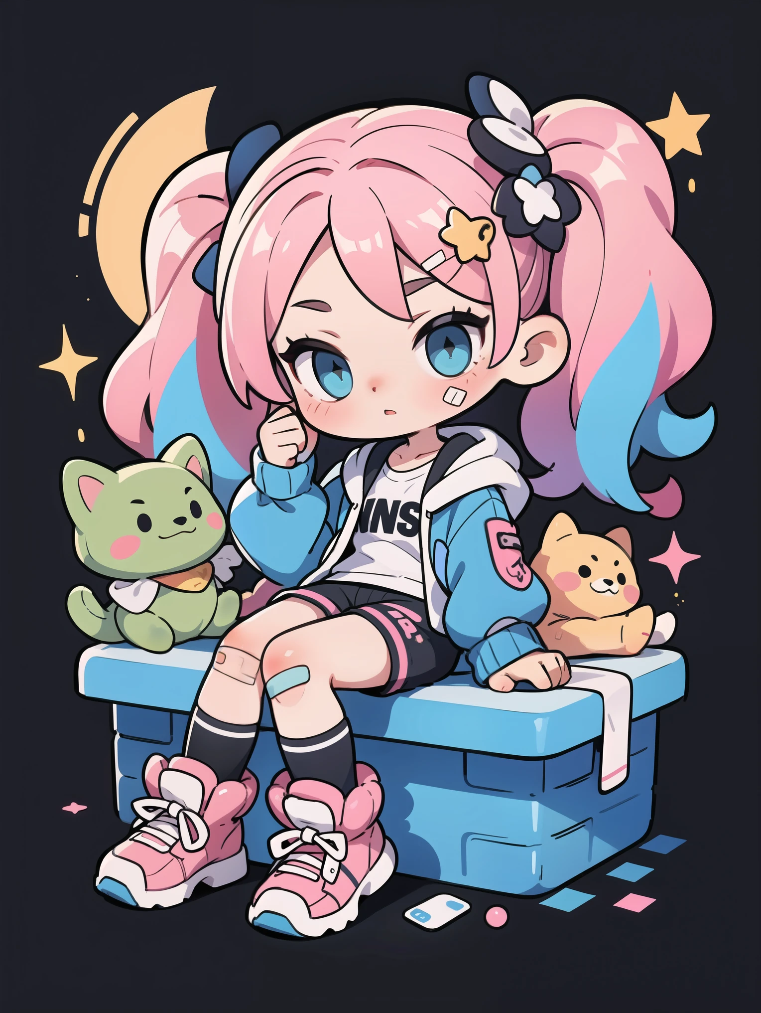 masterpiece, best quality, 8k, cinematic light, ultra high res, chibi, 1girl, bag, backpack, solo, multicolored hair, shorts, star \, (symbol\), blue hair, hood, sitting, pink hair, star hair ornament, head rest, socks, pink footwear, black shorts, hair ornament, full body, boots, bandaid, gradient, twintails, jacket, 