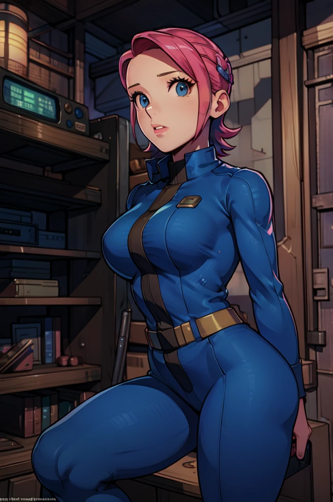 Mayl Sakurai reimagined as a vault dweller, doing maintenance in an underground vault. Her vibrant pink hair stands out against the dimly lit environment. She is a 26-year-old woman dressed in a vault dweller jumpsuit, indicative of her role in the post-apocalyptic world. The jumpsuit is worn but still functional, reflecting the harsh conditions of life underground. Her face is beautifully detailed, with expressive eyes that convey determination and intelligence. Her lips are also well-defined, adding to her overall allure.

In the vault, Mayl Sakurai is seen operating a pipboy, a wrist-worn device that serves as an essential tool and information hub for survival in the vault. The pipboy's screen emits a soft glow, illuminating Mayl's face and casting a subtle green hue on the surroundings. The details on the pipboy, from its buttons to its display, are extremely detailed, showcasing its futuristic design.

The underground vault is filled with mechanical equipment and pipes, emphasizing the importance of maintenance in this post-apocalyptic world. The atmosphere is gritty and industrial, with a hint of mystery and danger. The lighting is dim and has a hint of blue tones, enhancing the underground ambiance.

Despite the grim surroundings, Mayl Sakurai exudes confidence and strength as she jumps into action, ready to fulfill her duties as a vault dweller. Her posture and expression suggest that she is prepared to face any challenge that comes her way.

The image quality should be at its best, with 4K resolution and ultra-detailed rendering, capturing every intricate detail of the scene. The colors should be vivid, emphasizing the contrast between Mayl's vibrant pink hair and the dimly lit environment. The overall style should lean towards a post-apocalyptic concept art aesthetic, blending realism with a touch of fantasy.

In summary, the Stable Diffusion prompt for the provided theme would be:
Mayl Sakurai reimagined as a vault dweller, doing maintenance in an undergr