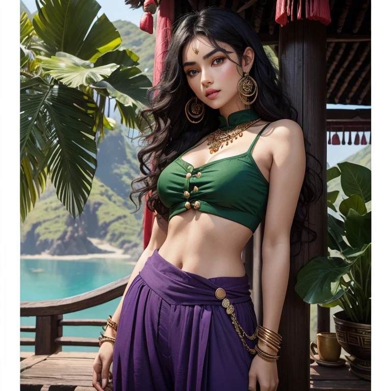 A gypsy girl with brown skin, one green Asian monolid eye and one blue Asian monolid eyes, a kind round face, full lips, long curly black hair, a small button nose, wearing a dark purple crop top, purple harem pants, gold jewellery in a tropical Chinese village with tall mountains and an ocean