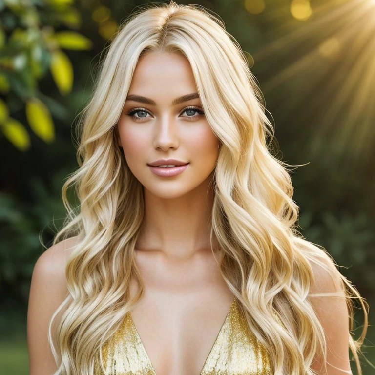 Blonde hair cascades down in soft waves, gleaming under the natural sunlight, expressing a radiant allure that captivates the senses. The high-definition strands reflect the light with a luminous sheen, revealing intricate gold highlights that dance along each strand. Its silky texture invites gentle touch, leaving a trail of silkiness in its wake, as if nature itself had woven a masterpiece of gold threads. The blondness adds a touch of playfulness and innocence, complementing her captivating features with a youthful charm that speaks volumes of her vibrant personality. Full body, prom makeup, diamond jewelry